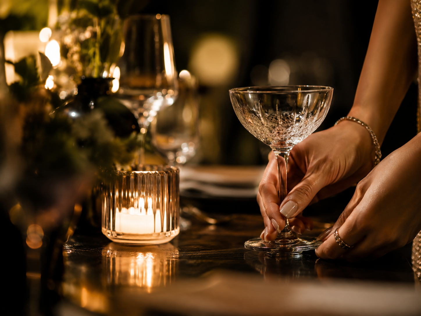 Hand an einem Glas im warmen Kerzenlicht
